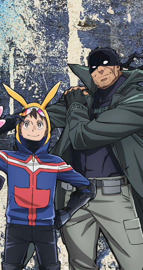 Anime illustration of Pop Step and Knuckleduster from My Hero Academia: Vigilantes. Sharp Aquos C10