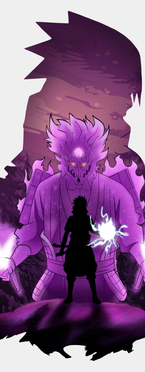 Sasuke Uchiha from Naruto showcasing his purple Susanoo aura on a white background mobile wallpaper