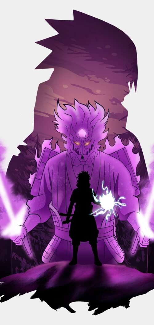 Sasuke Uchiha from Naruto showcasing his purple Susanoo aura on a white background Oppo A6k 4G wallpapers for android