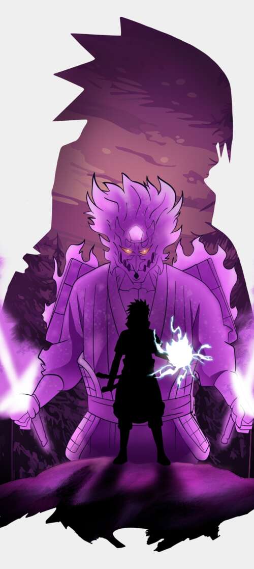 Sasuke Uchiha from Naruto showcasing his purple Susanoo aura on a white background