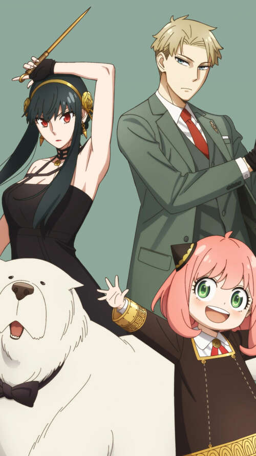 Loid Forger, Anya Forger, and Yor Forger from the anime Spy x Family posing together... Apple iPhone SE 2022 lock screen wallpaper