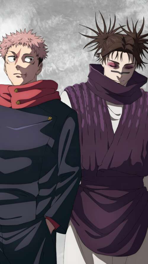 A high-resolution cinematic shot of Yuji Itadori and Choso from the anime Jujutsu... Apple iPhone SE 2022 free background