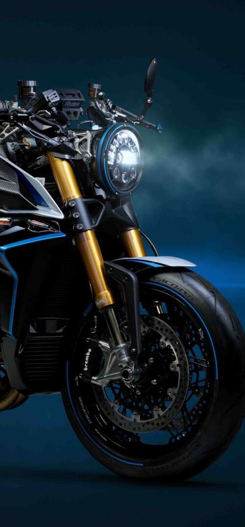 A sleek, dark blue 2026 MV Agusta Rush Titanio naked motorcycle with high-end finishes. free wallpaper