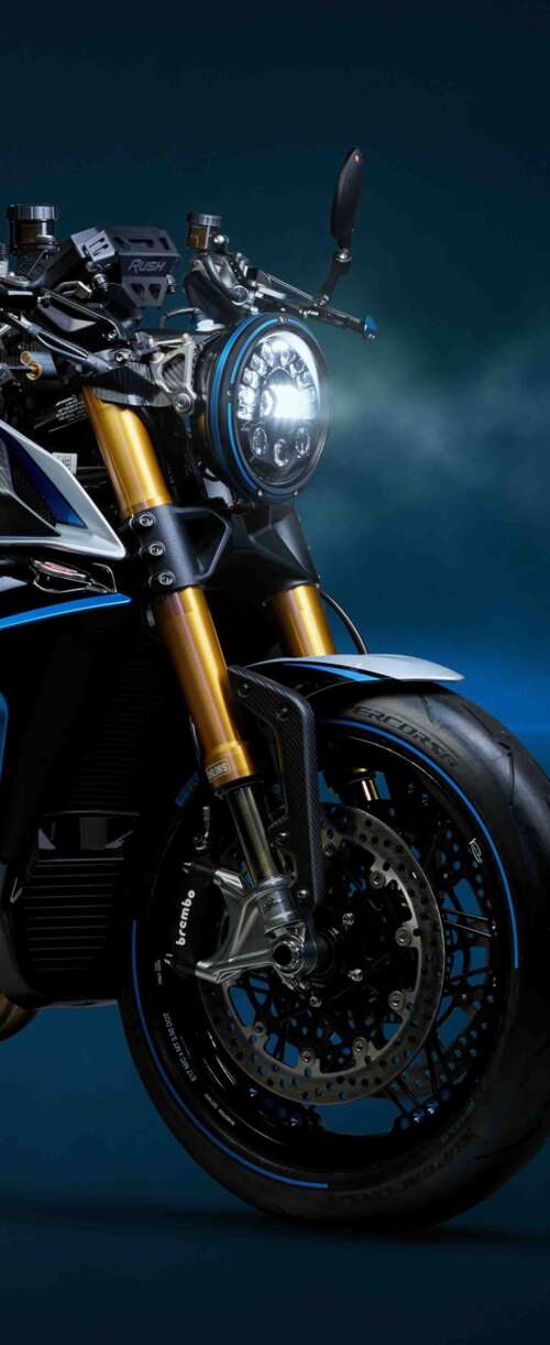 A sleek, dark blue 2026 MV Agusta Rush Titanio naked motorcycle with high-end finishes. Samsung Galaxy Z Flip7 FE wallpaper download