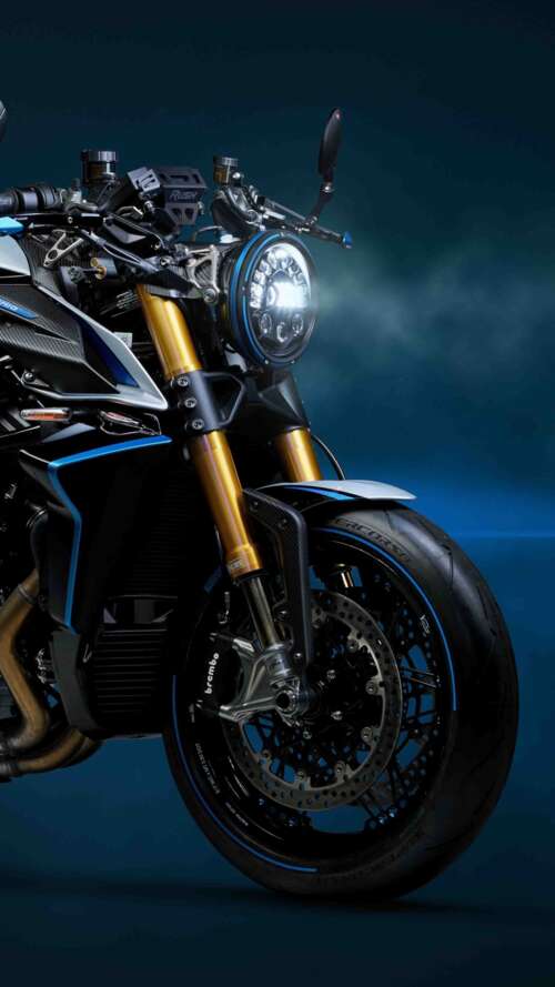 A sleek, dark blue 2026 MV Agusta Rush Titanio naked motorcycle with high-end finishes. Apple iPhone SE 2022 pictures for wallpaper