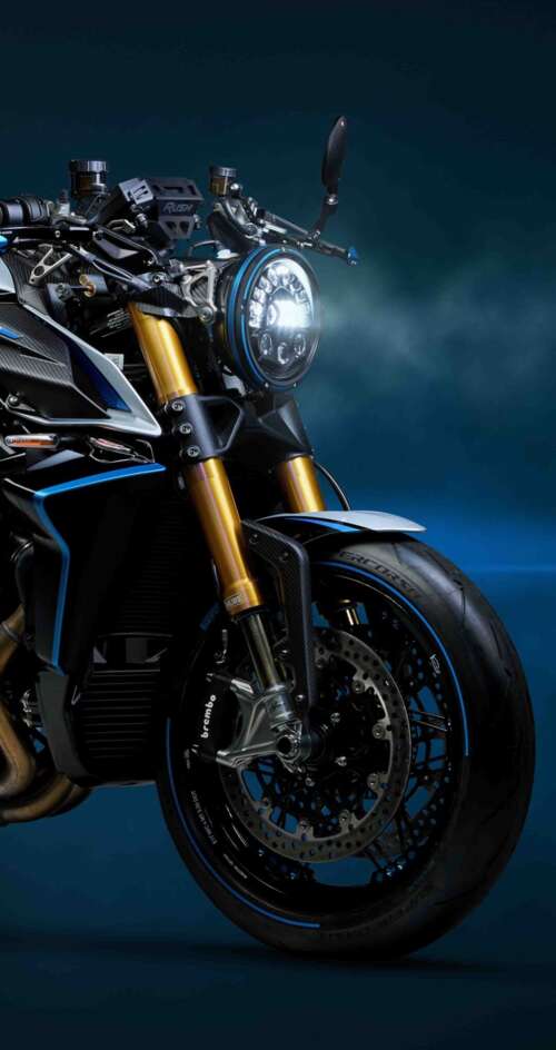 A sleek, dark blue 2026 MV Agusta Rush Titanio naked motorcycle with high-end finishes. Sharp Aquos C10 free wallpaper