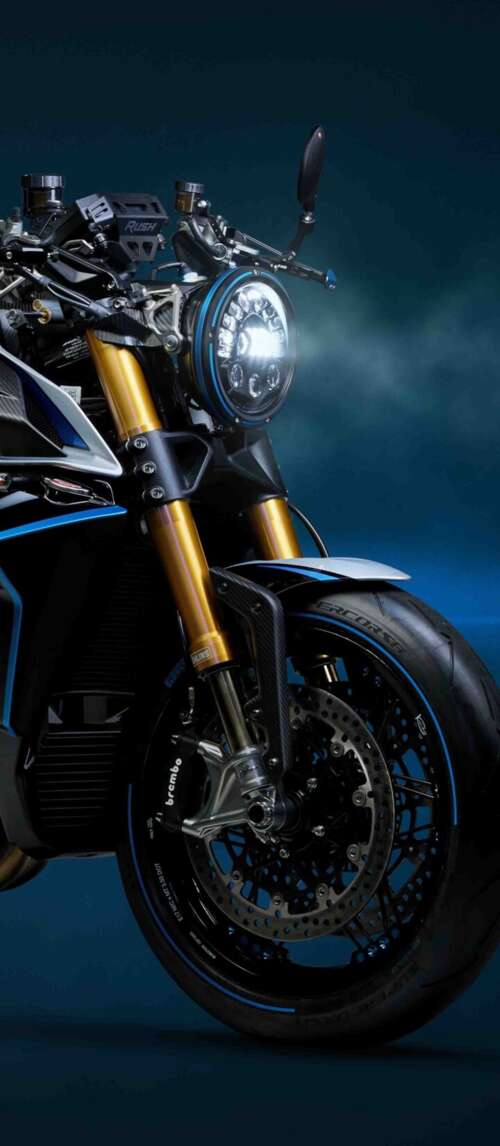 A sleek, dark blue 2026 MV Agusta Rush Titanio naked motorcycle with high-end finishes. Xiaomi Redmi 14C 5G lock screen wallpaper