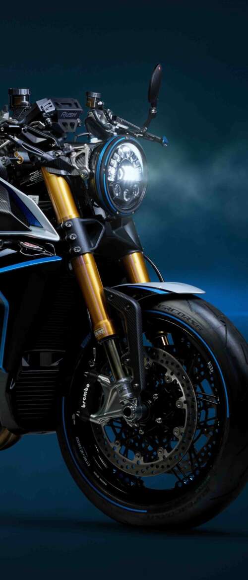 A sleek, dark blue 2026 MV Agusta Rush Titanio naked motorcycle with high-end finishes. nubia Flip 3 free background images