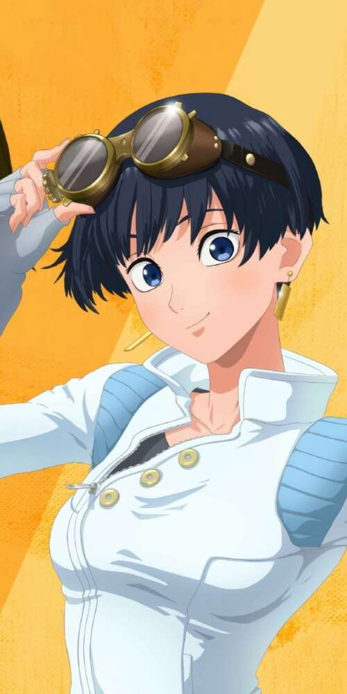 An anime girl character in the style of Trigun Stargaze against a vivid yellow background. Ulefone Rugking 2 Pro
