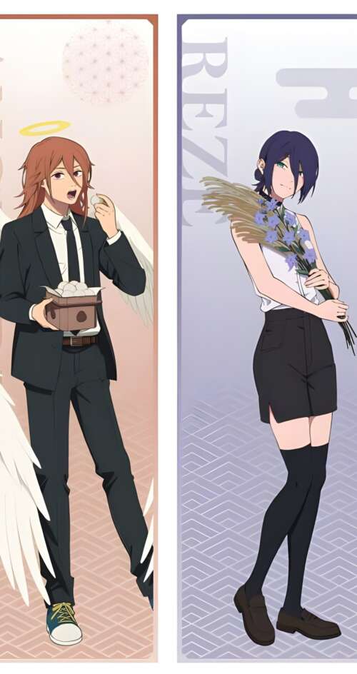 Character poster featuring Denji, Reze, and Makima from Chainsaw Man. Sharp Aquos C10 hand phone wallpaper