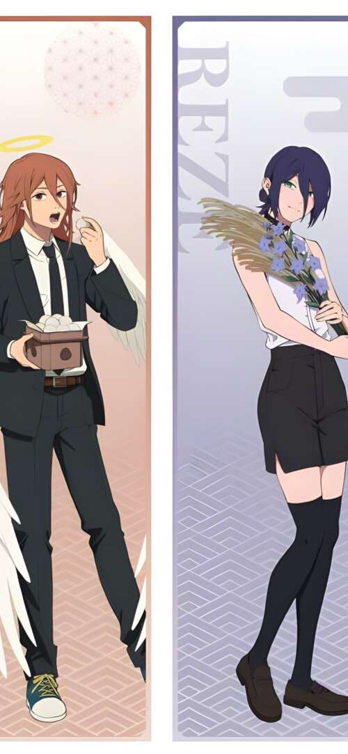 Character poster featuring Denji, Reze, and Makima from Chainsaw Man. Xiaomi Redmi 15 4G mobile wallpaper