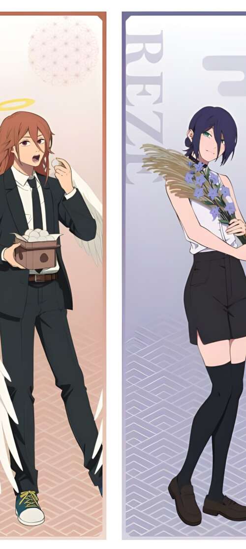 Character poster featuring Denji, Reze, and Makima from Chainsaw Man. Tecno Spark Go 3 download free wallpaper for phone
