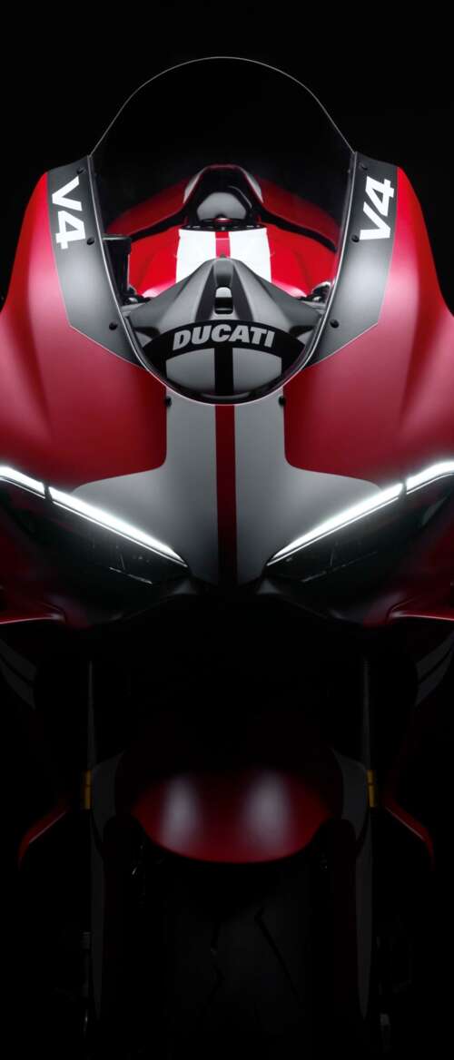 Cinematic close-up of a Ducati Superleggera V4 Centenario sports bike in a dark studio... nubia Flip 3