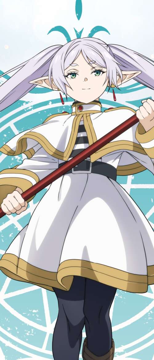 A character poster of Frieren, the white-haired elf mage from the anime Frieren:... high definition wallpaper
