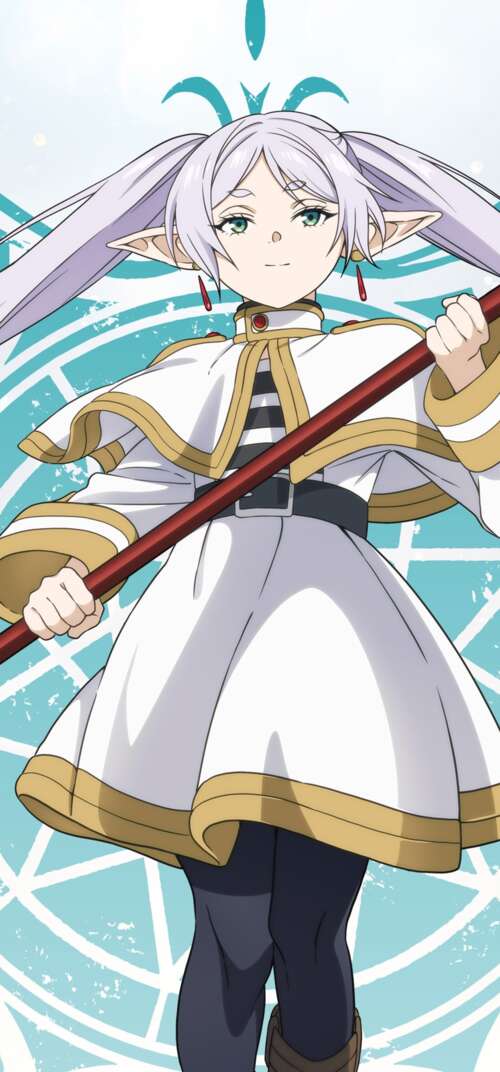 A character poster of Frieren, the white-haired elf mage from the anime Frieren:... Samsung Galaxy S26 Ultra wallpaper