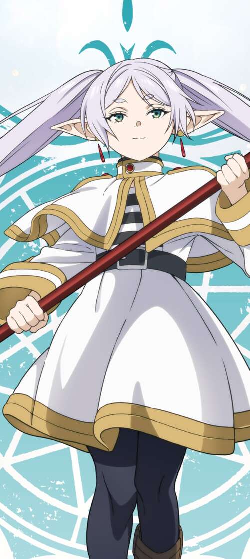 A character poster of Frieren, the white-haired elf mage from the anime Frieren:... Motorola Edge (2025) download free wallpaper for phone
