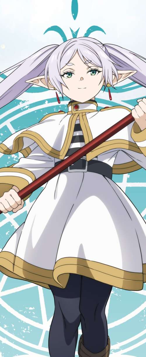 A character poster of Frieren, the white-haired elf mage from the anime Frieren:... Samsung Galaxy Z Flip7 FE free background