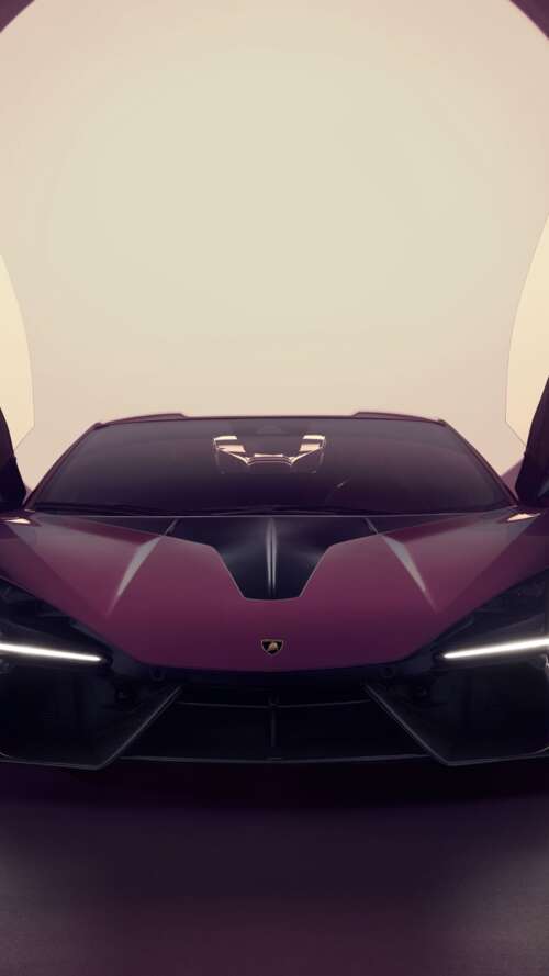 A sleek, metallic purple Lamborghini Revuelto hypercar with a futuristic design and... Apple iPhone SE 2022 hand phone wallpaper
