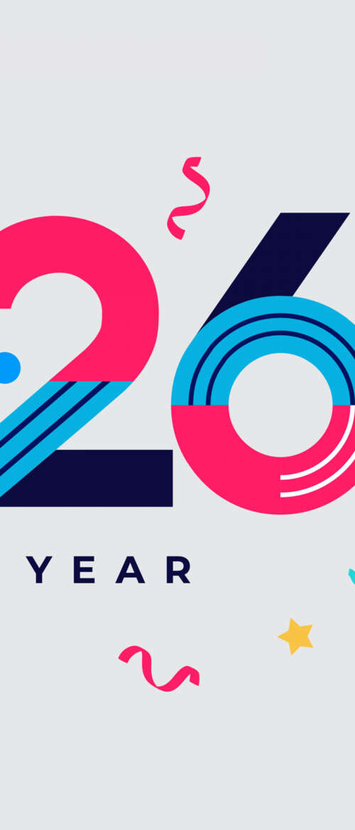 A colorful geometric abstract design featuring the text 'Happy New Year 2026' with...
