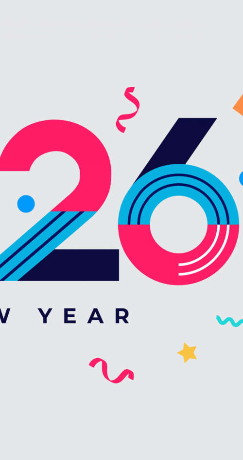 A colorful geometric abstract design featuring the text 'Happy New Year 2026' with... Sharp Aquos C10 wallpaper