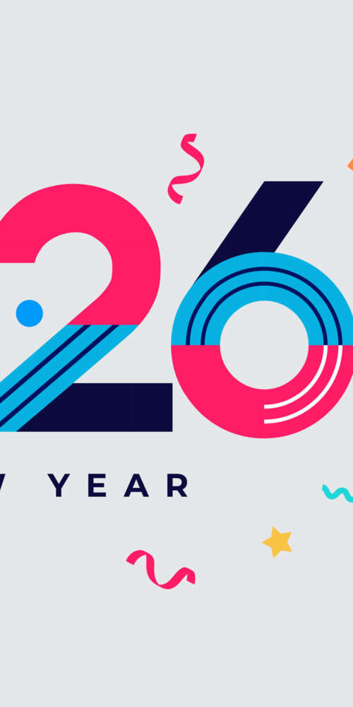 A colorful geometric abstract design featuring the text 'Happy New Year 2026' with... Ulefone Rugking 2 Pro download free wallpaper for phone
