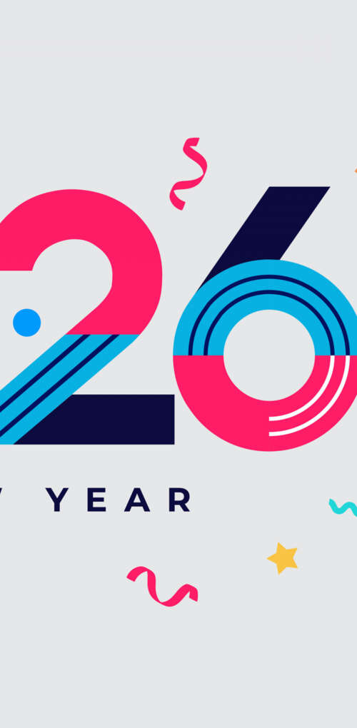 A colorful geometric abstract design featuring the text 'Happy New Year 2026' with... Huawei Mate 30 Pro wallpaper