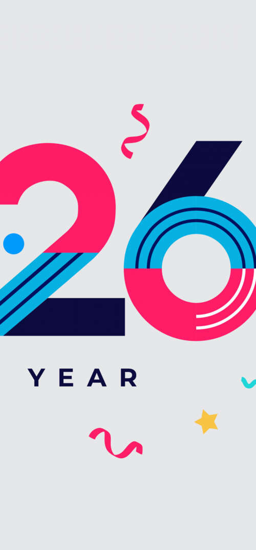 A colorful geometric abstract design featuring the text 'Happy New Year 2026' with... Samsung Galaxy S26 Ultra hand phone wallpaper