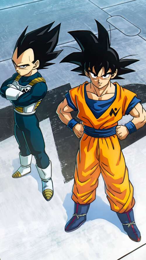 A cinematic 5K anime-style depiction of Goku and Vegeta from the Dragon Ball series. Apple iPhone SE 2022 free background images