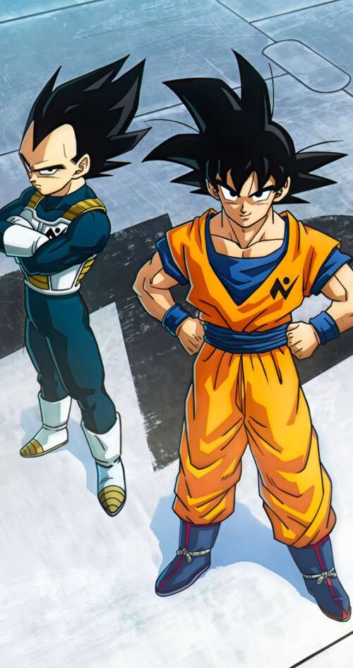A cinematic 5K anime-style depiction of Goku and Vegeta from the Dragon Ball series. Sharp Aquos C10 free background