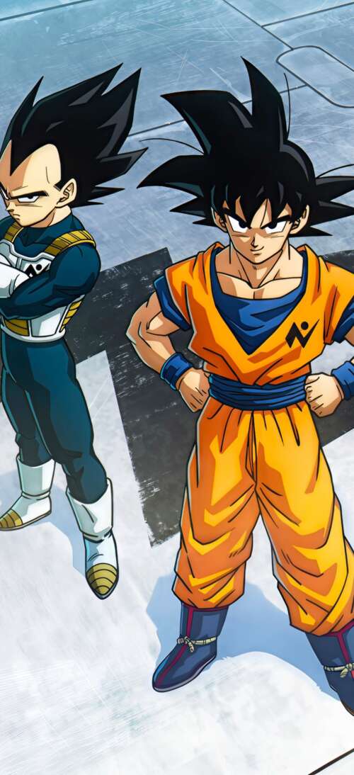 A cinematic 5K anime-style depiction of Goku and Vegeta from the Dragon Ball series. realme GT 7T download free wallpaper for phone