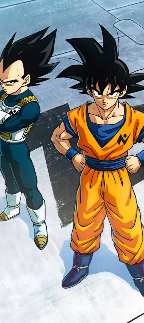 A cinematic 5K anime-style depiction of Goku and Vegeta from the Dragon Ball series. itel CITY 100 pictures for wallpaper