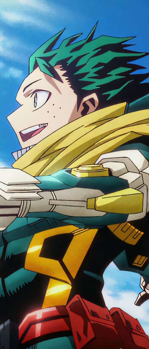 Izuku Midoriya from My Hero Academia wearing high-tech combat armor in a cinematic... mobile wallpaper