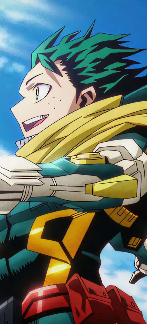 Izuku Midoriya from My Hero Academia wearing high-tech combat armor in a cinematic... Huawei Pura 90 Pro high definition wallpaper