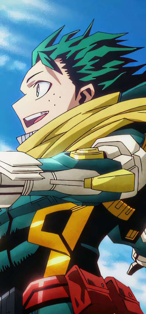 Izuku Midoriya from My Hero Academia wearing high-tech combat armor in a cinematic... Samsung Galaxy S26 Ultra hd background