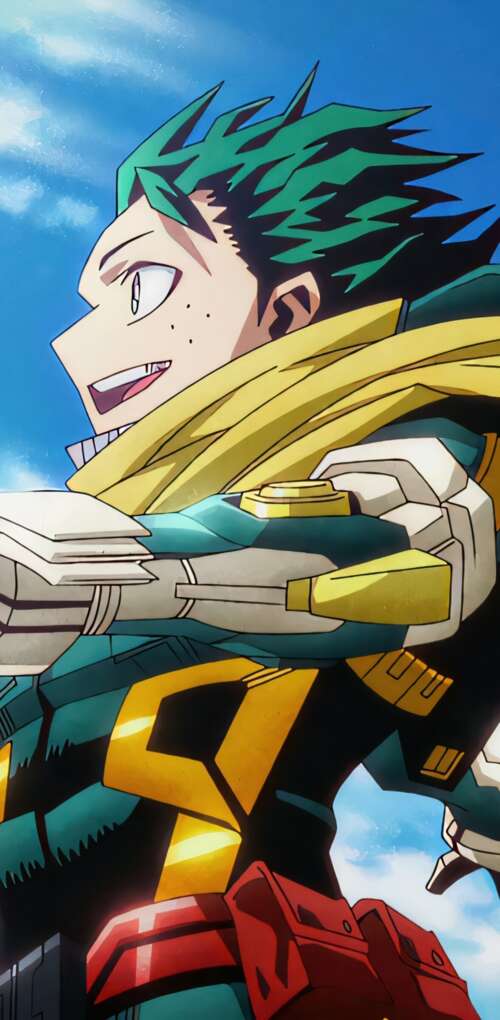 Izuku Midoriya from My Hero Academia wearing high-tech combat armor in a cinematic... Huawei Mate 30 Pro mobile wallpaper