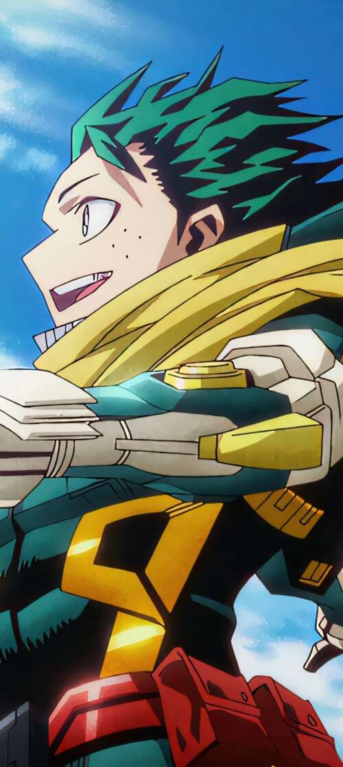 Izuku Midoriya from My Hero Academia wearing high-tech combat armor in a cinematic... itel CITY 100 wallpapers for android