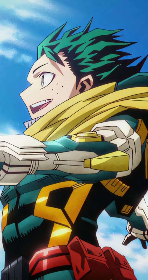 Izuku Midoriya from My Hero Academia wearing high-tech combat armor in a cinematic... Sharp Aquos C10 mobile wallpaper