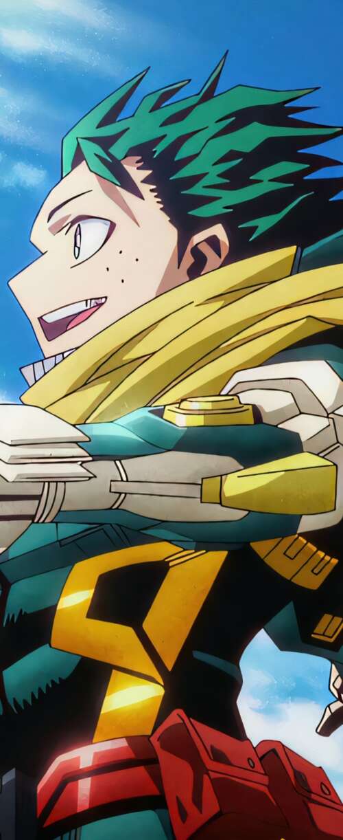 Izuku Midoriya from My Hero Academia wearing high-tech combat armor in a cinematic... Samsung Galaxy Z Flip7 FE lock screen wallpaper