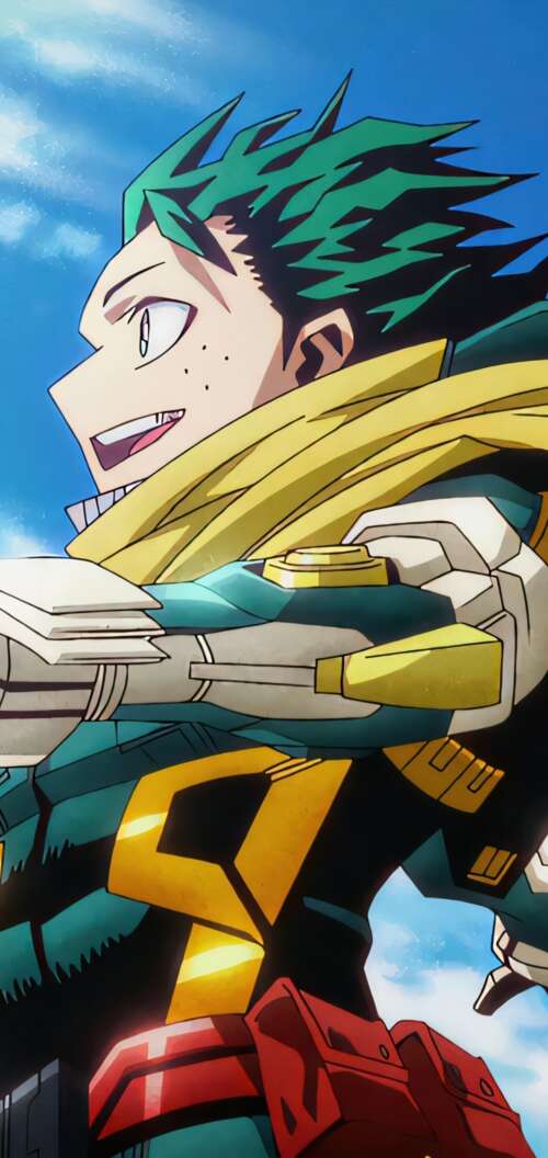 Izuku Midoriya from My Hero Academia wearing high-tech combat armor in a cinematic... Oppo A6k 4G wallpapers for android