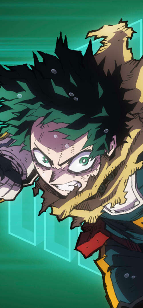 Izuku Midoriya from My Hero Academia in a dynamic anime action pose. hd background