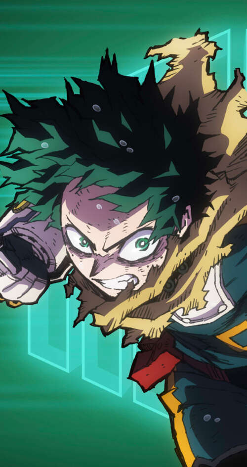 Izuku Midoriya from My Hero Academia in a dynamic anime action pose. Sharp Aquos C10 hd background