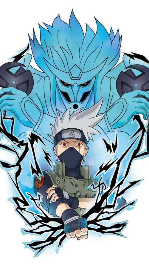 High-detail artwork of Kakashi Hatake from Naruto featuring his Susanoo mode against... Apple iPhone SE 2022 mobile wallpaper