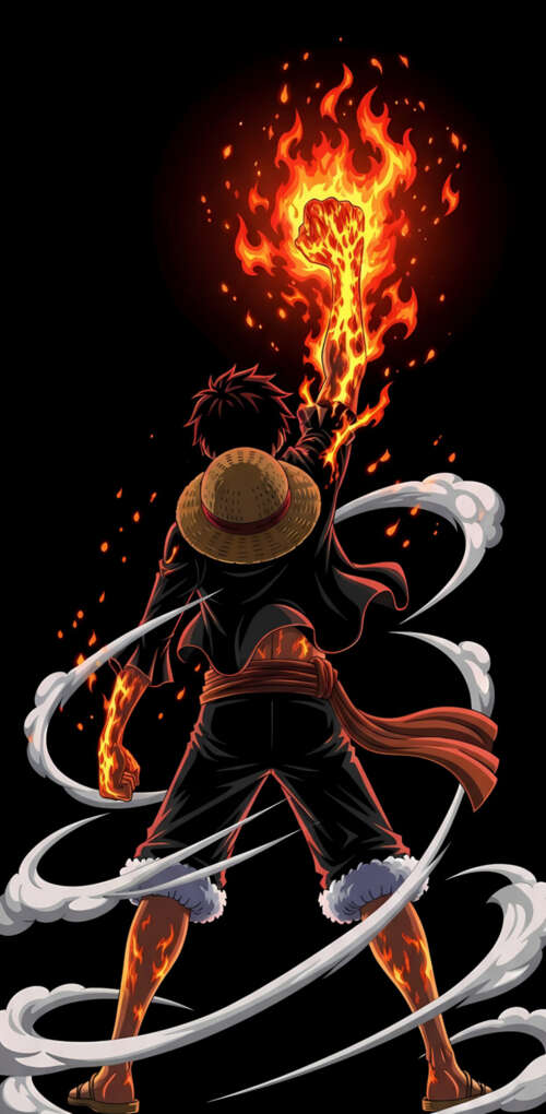 Monkey D. Luffy from One Piece surrounded by dramatic fire effects on a black background Huawei Mate 30 Pro background images hd