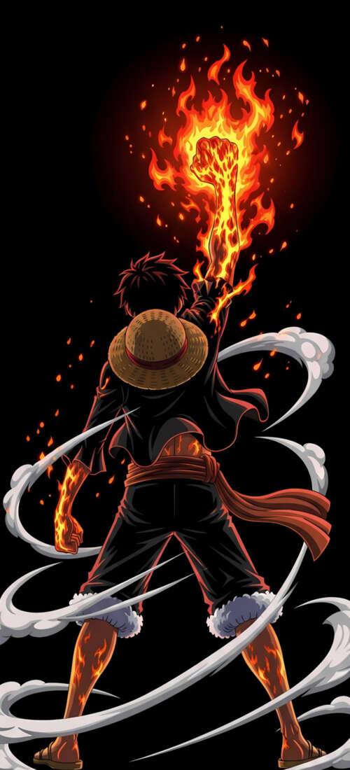 Monkey D. Luffy from One Piece surrounded by dramatic fire effects on a black background Oppo Find X9 cell phone backgrounds free
