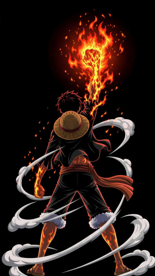 Monkey D. Luffy from One Piece surrounded by dramatic fire effects on a black background Apple iPhone SE 2022 download free phone wallpaper