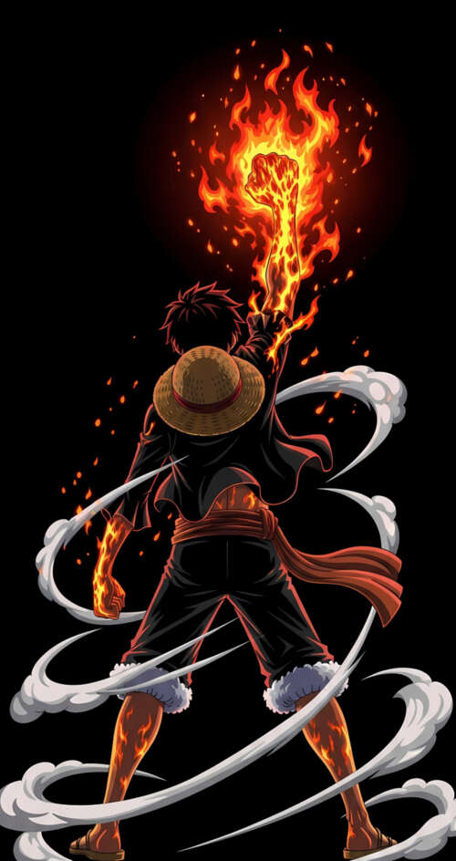 Monkey D. Luffy from One Piece surrounded by dramatic fire effects on a black background Sharp Aquos C10 background images hd
