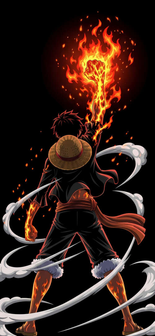 Monkey D. Luffy from One Piece surrounded by dramatic fire effects on a black background Xiaomi Redmi 15 4G free hd wallpapers