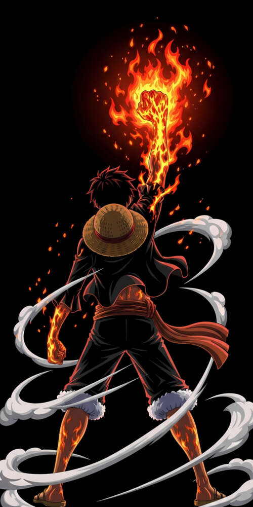 Monkey D. Luffy from One Piece surrounded by dramatic fire effects on a black background Ulefone Rugking 2 Pro high definition wallpaper