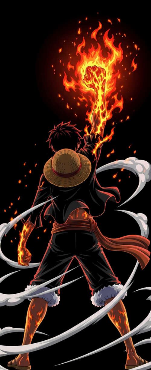 Monkey D. Luffy from One Piece surrounded by dramatic fire effects on a black background Samsung Galaxy Z Flip7 FE pictures for wallpaper