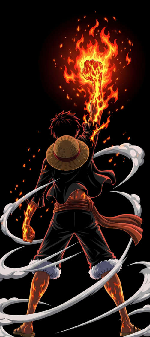 Monkey D. Luffy from One Piece surrounded by dramatic fire effects on a black background itel CITY 100 wallpaper images